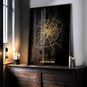 Impresión del mapa de la ciudad de Leicester, mapa dorado, arte mural, mapa minimalista de iluminación urbana, decoración de pared, póster de ciudad del Reino Unido, decoración urbana, arte de paisaje urbano, arte de viajes