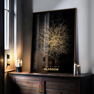 Impressão do mapa da cidade de Glasgow, mapa dourado, arte de parede, mapa de luz minimalista da cidade, decoração de parede, mapa escocês, decoração urbana, arte de paisagem urbana, arte de viagem
