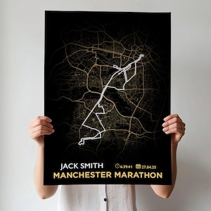 Impression personnalisée de carte du marathon de Manchester, cadeau de coureur personnalisé avec nom, date et heure, art mural cadeau de marathon de finition