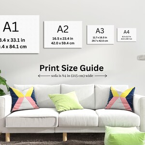 Pu&ograve; includere: Guida alle dimensioni di stampa per opere d'arte, che mostra quattro dimensioni diverse: A1 (59,4 x 84,1 cm), A2 (42,0 x 59,4 cm), A3 (29,7 x 42,0 cm) e A4 (21,0 x 29,7 cm). La guida indica anche che un divano &egrave; largo 84 pollici (213 cm).