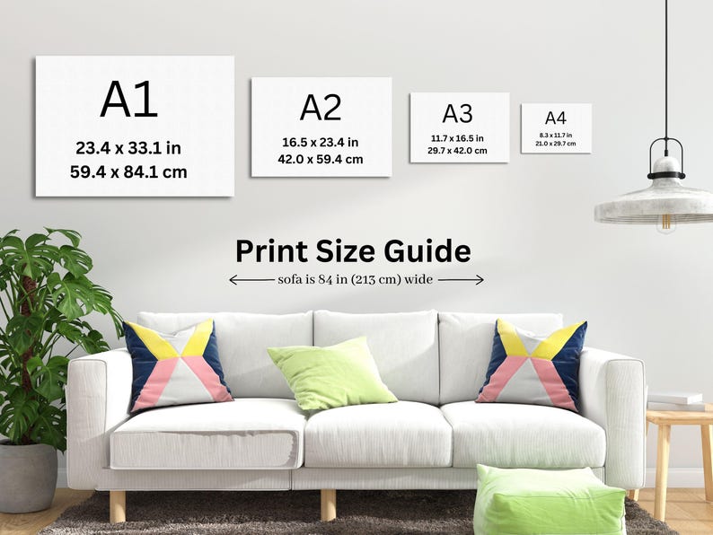 Pu&ograve; includere: Guida alle dimensioni di stampa per opere d'arte, che mostra quattro dimensioni diverse: A1 (59,4 x 84,1 cm), A2 (42,0 x 59,4 cm), A3 (29,7 x 42,0 cm) e A4 (21,0 x 29,7 cm). La guida indica anche che un divano &egrave; largo 84 pollici (213 cm).