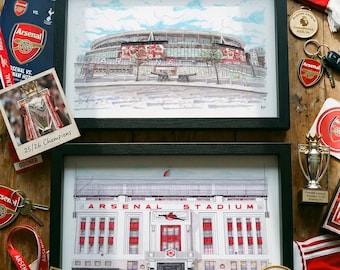 Arsenal Stadium Art Print Set: Emirates & Highbury, Hand-Drawn Football Gift