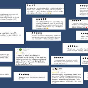 May include: A collage of customer reviews for artwork prints. The reviews are positive and include comments about the quality of the prints, the speed of delivery, and the overall satisfaction with the purchase.