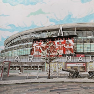 May include: A watercolor illustration of the Emirates Stadium, home of Arsenal Football Club. The stadium is depicted in a gray and white color scheme with a large red sign that reads "Emirates Stadium". The sign also features a group of soccer players in red and white uniforms. The words "Arsenal" are written in large red letters below the stadium.