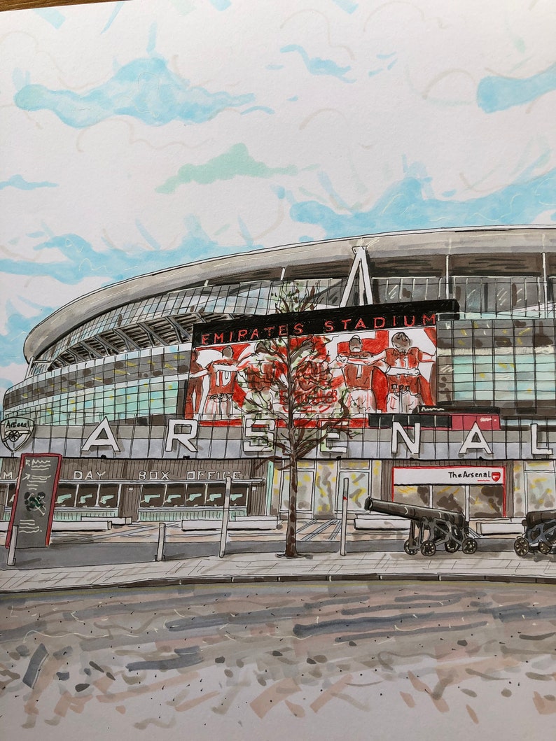 May include: A watercolor illustration of the Emirates Stadium, home of Arsenal Football Club. The stadium is depicted in a gray and white color scheme with a large red sign that reads "Emirates Stadium". The sign also features a group of soccer players in red and white uniforms. The words "Arsenal" are written in large red letters below the stadium.