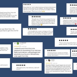 Pu&ograve; includere: Un collage di recensioni dei clienti per stampe di opere d'arte. Le recensioni sono positive e includono commenti sulla qualit&agrave; delle stampe, la velocit&agrave; di consegna e la soddisfazione generale dell'acquisto.
