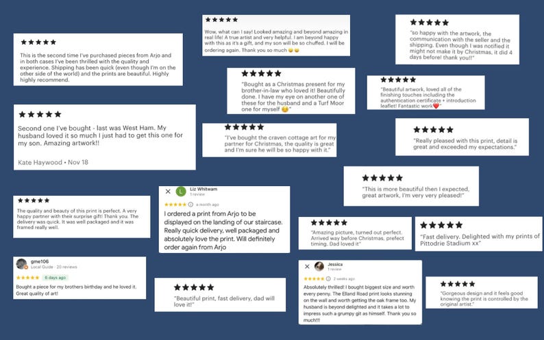 Pu&ograve; includere: Un collage di recensioni dei clienti per stampe di opere d'arte. Le recensioni sono positive e includono commenti sulla qualit&agrave; delle stampe, la velocit&agrave; di consegna e la soddisfazione generale dell'acquisto.