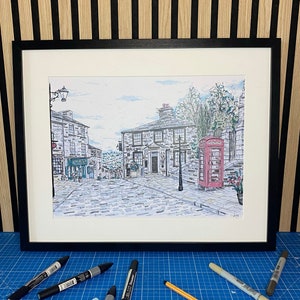 Haworth, villaggio storico, scena di strada delle sorelle Brontë, North Yorkshire, arte, stampa dello Yorkshire, poster di viaggio, arte murale, arredamento per la casa