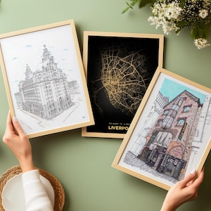 Conjunto de 3 impresiones de Liverpool: el Liver Building, el Cavern Club y el mapa de la ciudad, tamaños A5-A1, arte de pared sin marco, retrato, regalo emblemático de la ciudad.