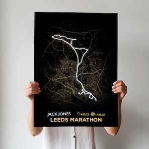 Impression personnalisée de carte du marathon et du semi-marathon de Leeds, cadeau de coureur personnalisé avec nom, date et heure, art mural cadeau marathon de fin de course