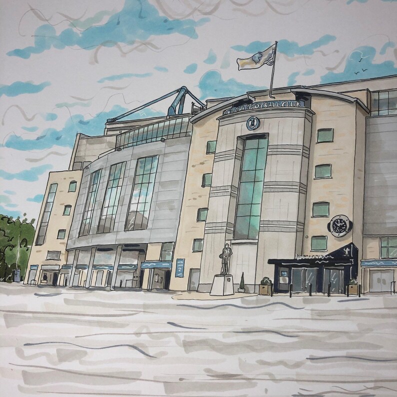 May include: A watercolor illustration of a large building with a sign that reads "Chelsea Football Club". The building has a statue in front of it and a flag flying from the top.