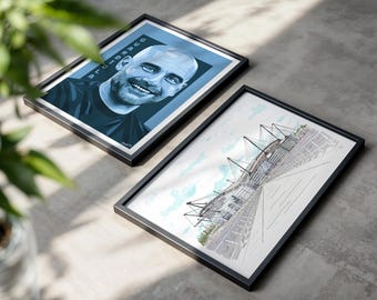 Man City Art Print Set: Etihad Stadium & Pep Guardiola, Hand-Drawn MCFC Gift