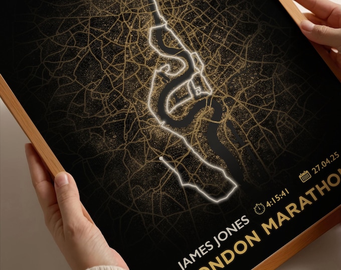 Impression personnalisée de carte du marathon de Londres, cadeau personnalisé pour le coureur avec nom, date et heure, art mural cadeau marathon de Londres