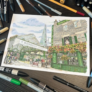 Borough Market-Druck, Londoner Wahrzeichen Wandkunst, Southwark Borough Market Illustration, Historisches Londoner Markt-Dekor, UK Stadt-Druck