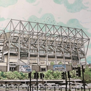May include: A black and white illustration of a large stadium with a white roof and a sign that reads "Galway Stand". The stadium is surrounded by trees and a parking lot.
