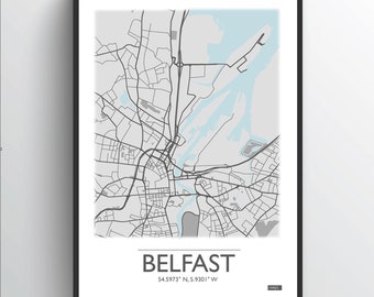 Belfast City Map Print - Belfast - Northern Ireland -  City Map wall art - Travel Art - Poster - Print - Map Print - Street Map Art