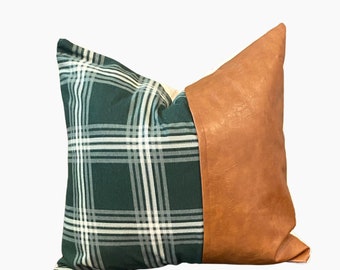 Green and White Plaid with Leather Pillow Cover