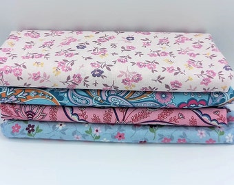 4er Set Stoffpaket pastell blau rosa Blumen Ranken floral Baumwollstoffe Fatquarter Baumwolle verschiedene Größen und Muster