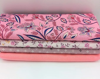 4er Set Stoffpaket rosa zart pastellfarben Blumen Ranken floral Baumwollstoffe Fatquarter Baumwolle verschiedene Größen und Muster