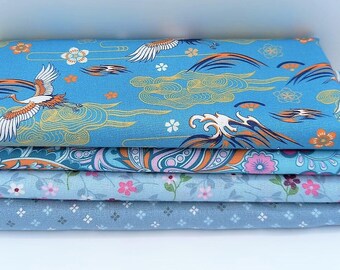 4er Set Stoffpaket pastell hellblau Blumen Ranken Vögel floral Baumwollstoffe Fatquarter Baumwolle verschiedene Größen und Muster