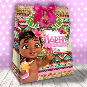 Baby moana spersonalizowane cyfrowe pudełko upominkowe do druku, torba Baby moana, torba na smakołyki, zestaw na imprezę, maui, urodziny, impreza, spersonalizowane, plaża, moana