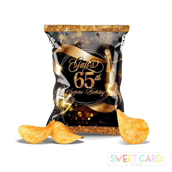 CHAMPAGNE CHIP BAG wrapper template, 50th 60th 70th birthday gold chip bag, black gold 50th birthday elegant party potatoes chips wrapper