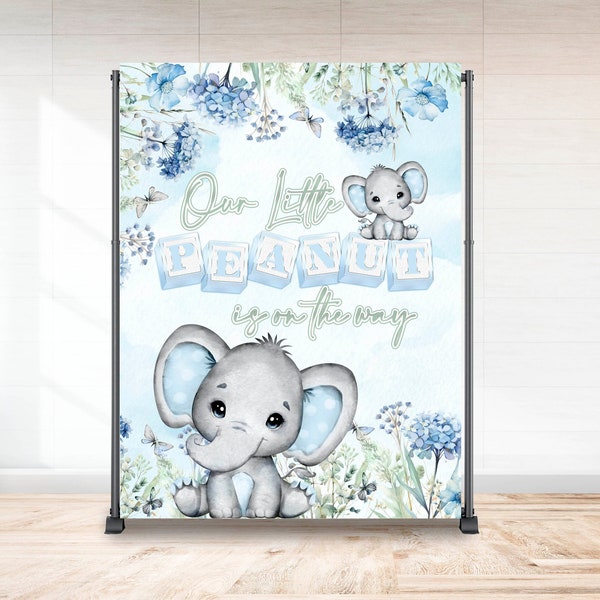 Eine kleine Erdnuss ist unterwegs, Hintergrunddesign, Elefanten-Blumen-Babyparty-Banner, Elefanten-Babyparty-Digitalhintergrund, blau, salbeigrün