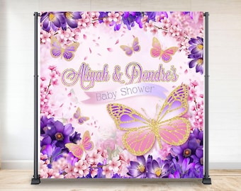 Butterfly and flowers pink gold Baby Shower backdrop, Butterfly floral Baby shower Backdrop, Butterfly baby shower backdrop, it's a girl
