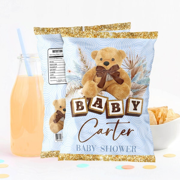 Bear Chip Bag Wrapper Blue Bear Editable Chips Custom bear editable bag for baby shower Boho Boy shower decoration bear balloons TBB1