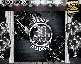 30th Birthday Black Silver Party Backdrop, 30th Birthday Backdrop, 30th Black silver banner, Party Backdrop, Happy Birthday Backdrop, Banner