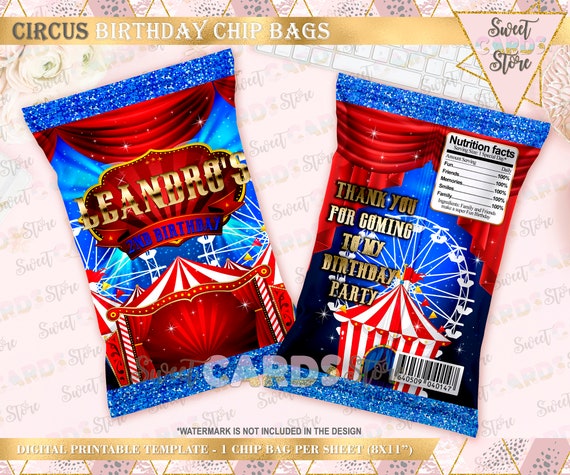 Circus Carnival Glitter Printable Chip Bag, Circus carnival favor bag,  Circus Potatoes chip bag, Circus candy wrapper, Circus favor bag