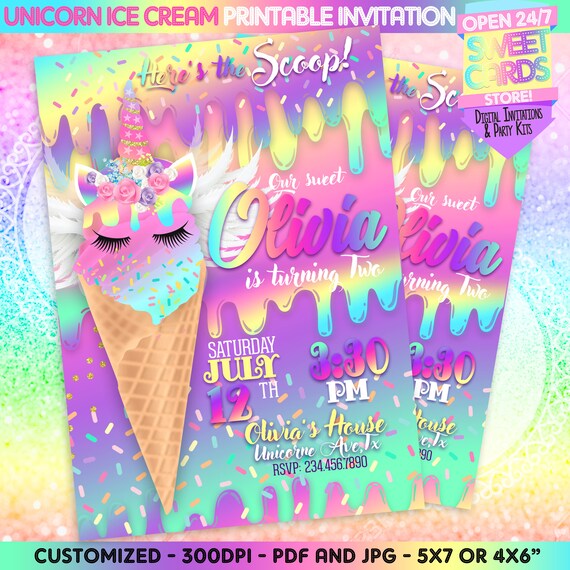 Printbare Uitnodiging Voor Feest Unicorn Ice Cream Unicorn Etsy
