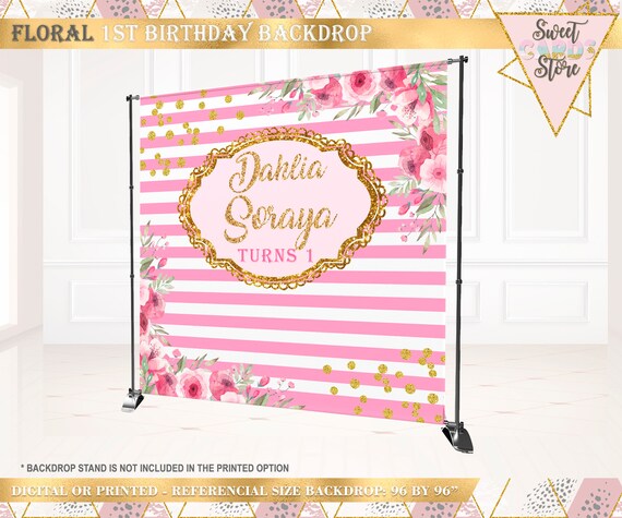 Pink Stripe Flowers Custom 1st Birthday Backdrop