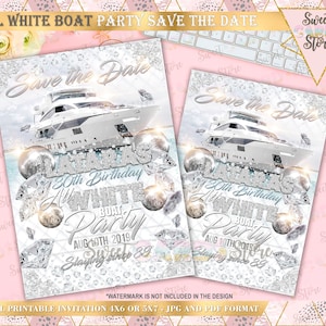 Invitación a toda la fiesta en barco blanco, fiesta en barco guardar la fecha, invitación a fiesta en barco, invitación de escapada de fin de semana en yate, invitación de cumpleaños