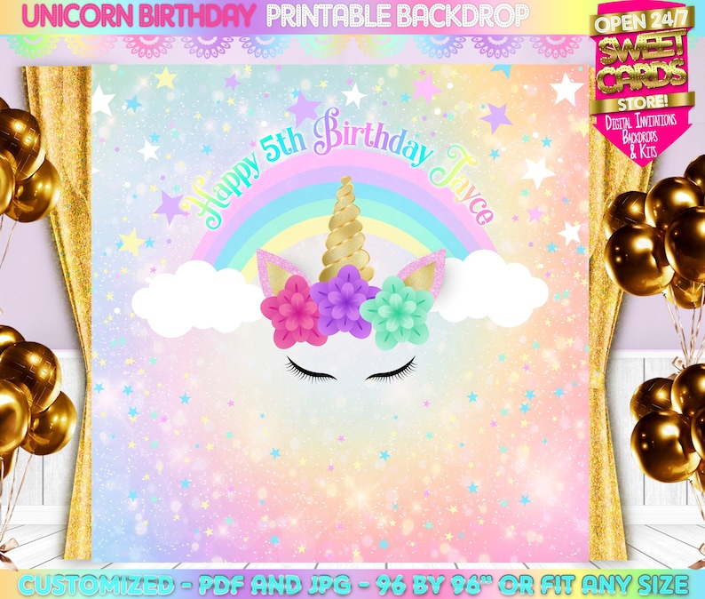 Unicorn printable digital backdrop, unicorn party, unicorn stars decoration, unicorn birthday, unicorn banner,baby shower, magical unicorn image 1