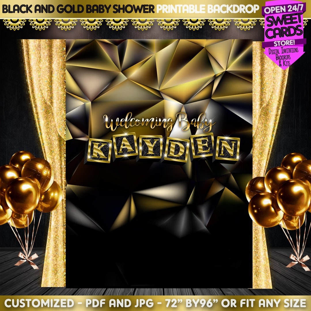 Black and Gold Block Letter Baby Shower Printable Backdrop Baby Block ...