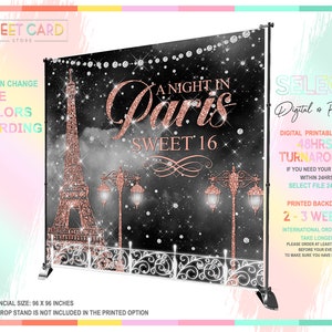 Paris Eiffel Tower Backdrop, Eiffel Tower rose gold backdrop, Eiffel tower paris banner, Eiffel Tower parisian night background, Paris Party