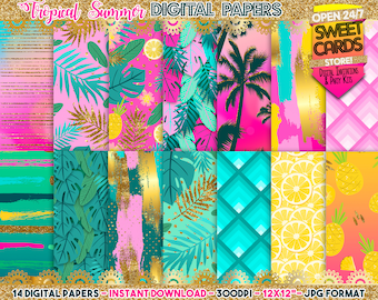 Tropical Summer Digital Papers, Tropical Leaves, Flamingo Gold Glitter Pineapple Lemonade Palms Digital Papers, Planners Digital Papers
