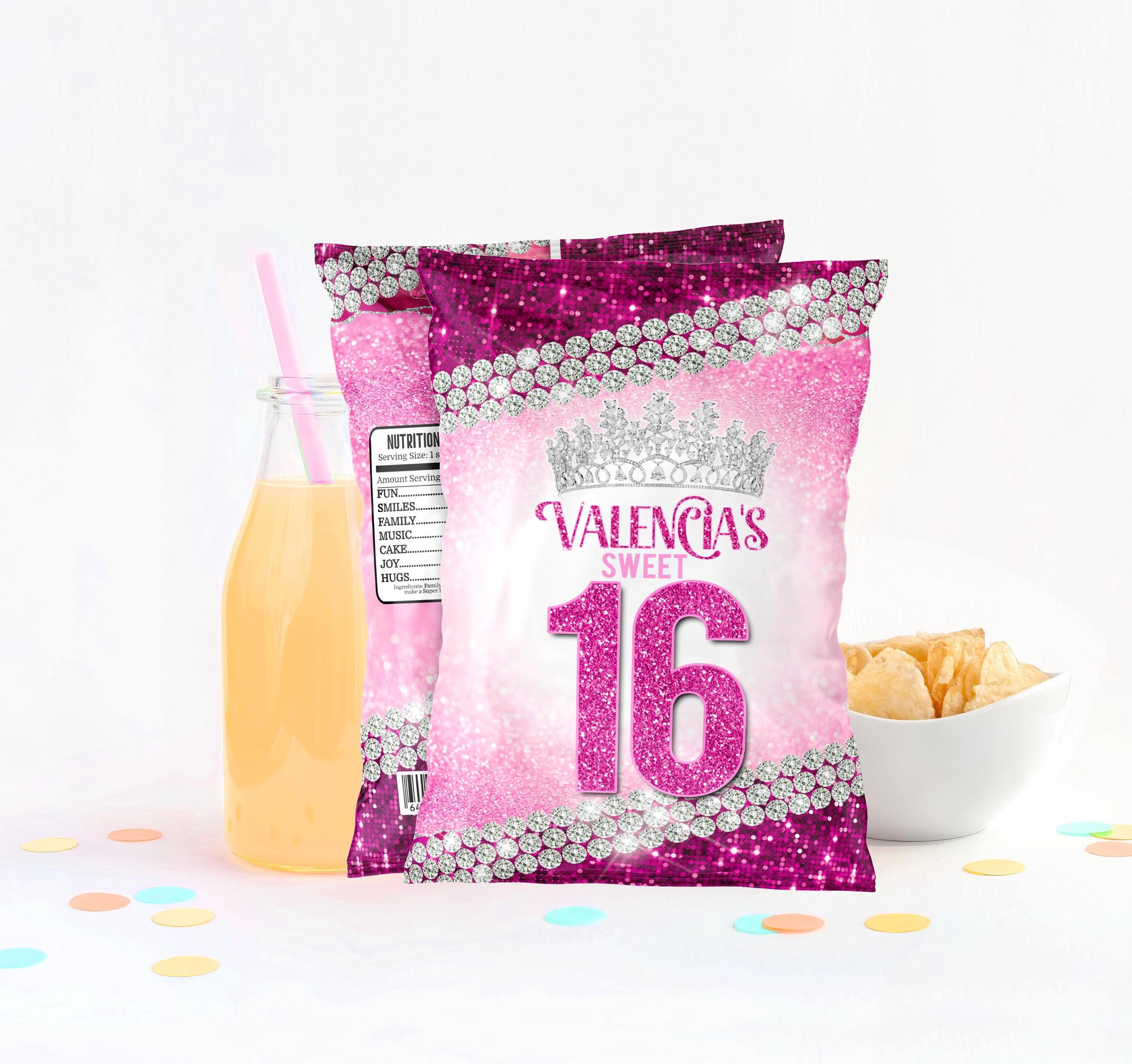 Sweet Sixteen Birthday Printable Chip Bag Editable Template Princess chip bag wrapper Sweet 16 Birthday Party Pink and Diamonds favors Decor
