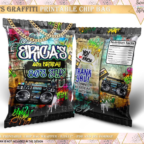 Graffiti 80s 90s retro printable chip bag, urban retro 80s chip bag wrapper, graffiti birthday party chips template, retro 90s 80s bag