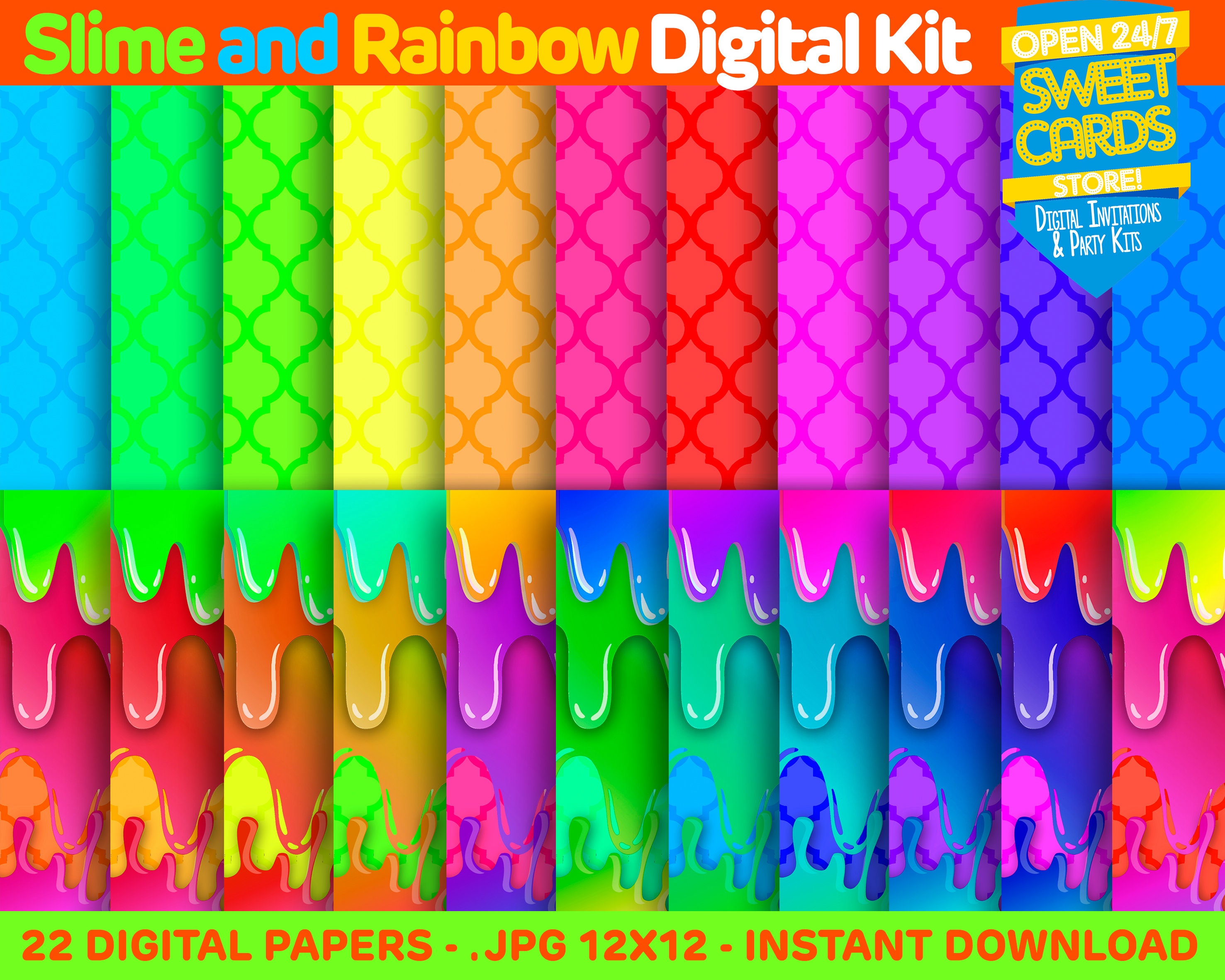 Slime and Rainbow Digital Kit Papers Kit Patterns Colors Etsy