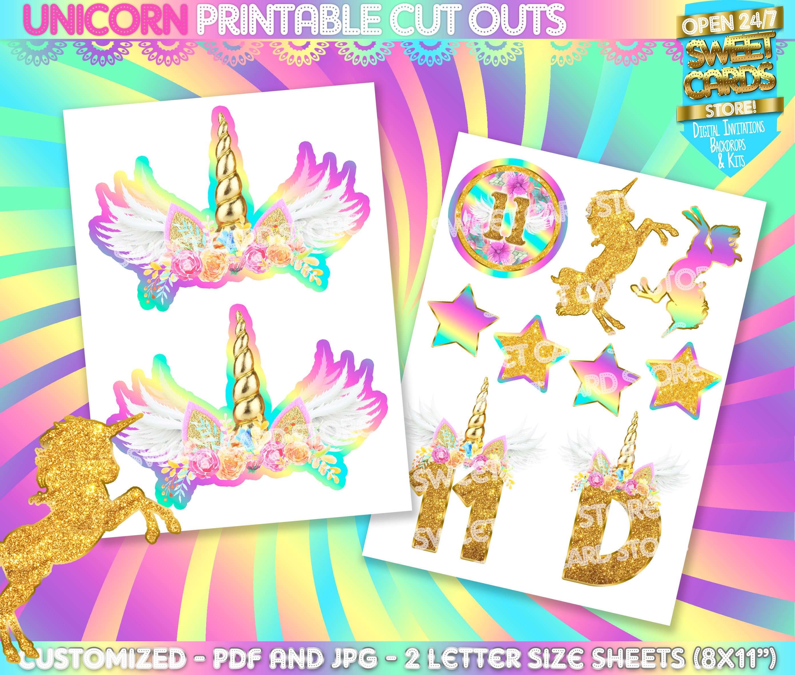 unicorn birthday party printable cut outs unicorn party etsy