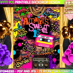 90's Printable Party Backdrop, 90s Printable Backdrop, Retro Backdrop, graffiti backdrop, 80s Backdrop, Sweet Sixteen Backdrop, Graffiti