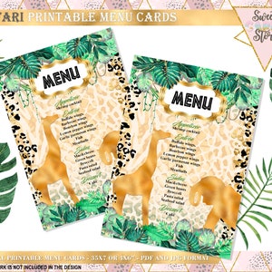 SAFARI MENU CARDS, jungle safari menu carte de table, Jungle safari menu, Jungle safari baby shower liste, Jungle Safari carte de menu de table