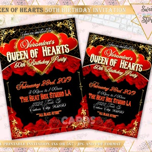 Invitación de rosas de reina de corazones, invitación imprimible de reina de corazones, fiesta de cumpleaños de reina de corazones, invitación de corazones y rosas