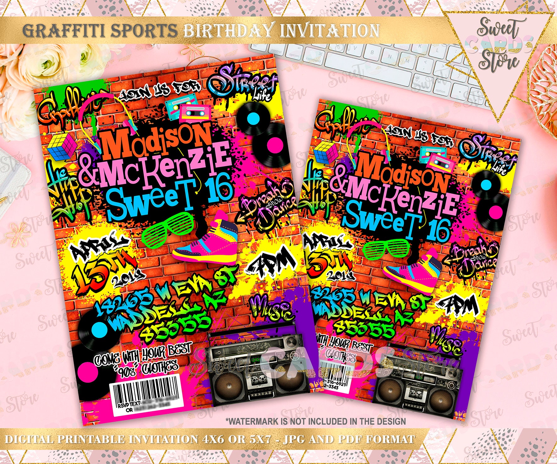 Graffiti 80s 90s retro printable invitation urban retro 