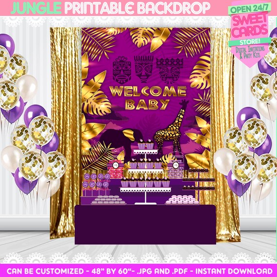 Jungle Printable Baby Shower Backdrop Purple And Gold Baby Etsy