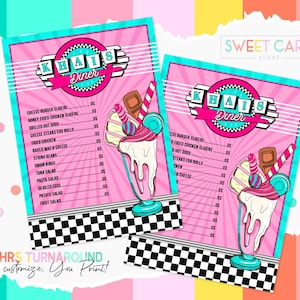 RETRO DINER MENU, Retro Geburtstagsmenü Tischkarte, Diner Party Menü, Retro 50er Geburtstagsmenüliste, Retro Menükarte Milchshakes & Pommes