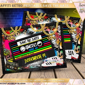 Graffiti 80s 90s retro printable invitation, urban retro 80s save the date, graffiti birthday party invitation, retro 90s 80s save the date