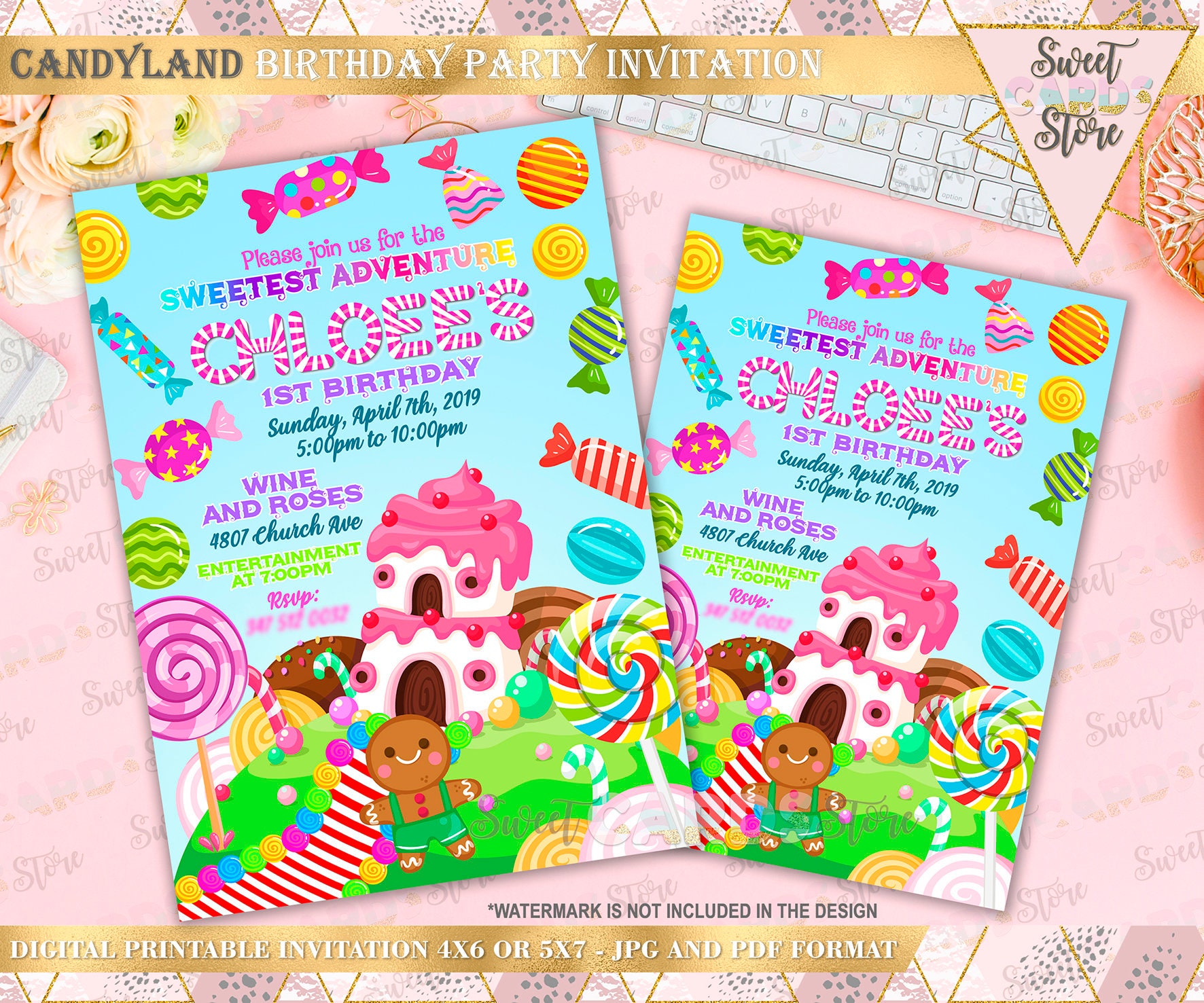 CANDY SHOPPE CANDYLAND PRINTABLE BIRTHDAY PARTY INVITATION & FREE THANK  U CARD C